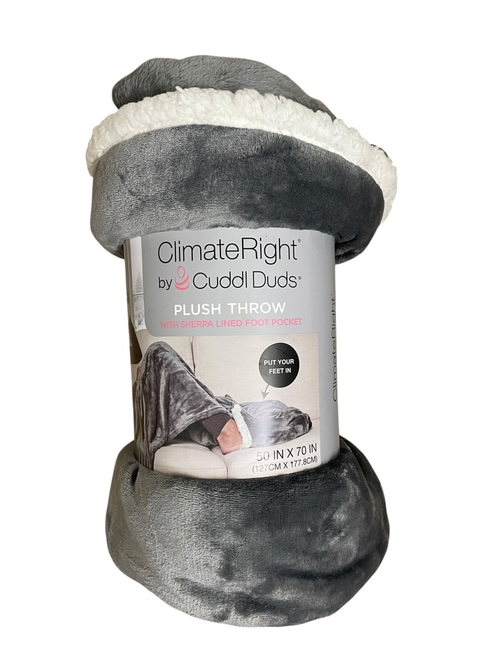 Cuddl Duds ClimateRight Plush Throw Blanket Sherpa Lined Foot Pocket Grey 50x70